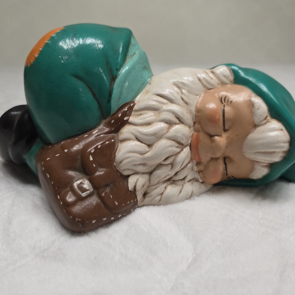 Vintage 70s Hand Painted Sleeping Garden Gnome Figurine in Teal and Brown